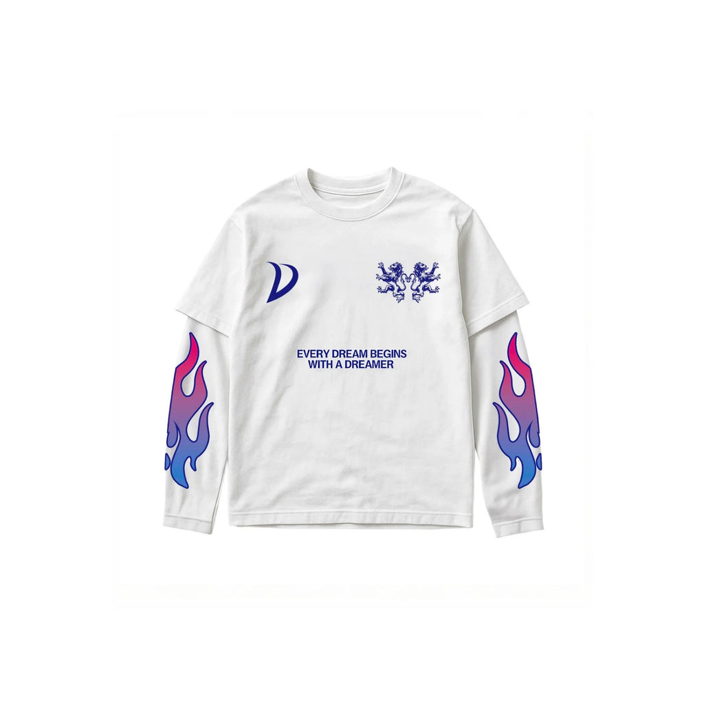 A white long-sleeve t-shirt with blue graphic prints on the chest and sleeves, featuring a crescent moon, lions, and flame motifs, displayed on a clean white background.
