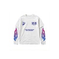 A white long-sleeve t-shirt with blue graphic prints on the chest and sleeves, featuring a crescent moon, lions, and flame motifs, displayed on a clean white background.