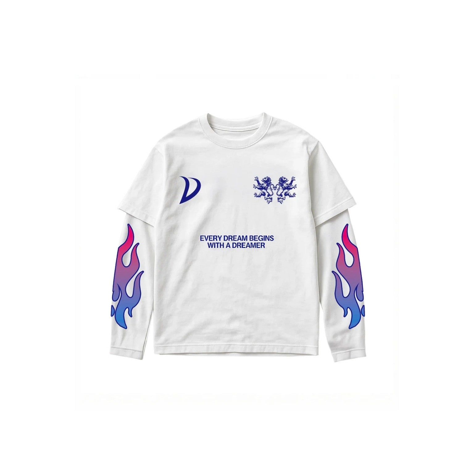 A white long-sleeve t-shirt with blue graphic prints on the chest and sleeves, featuring a crescent moon, lions, and flame motifs, displayed on a clean white background.