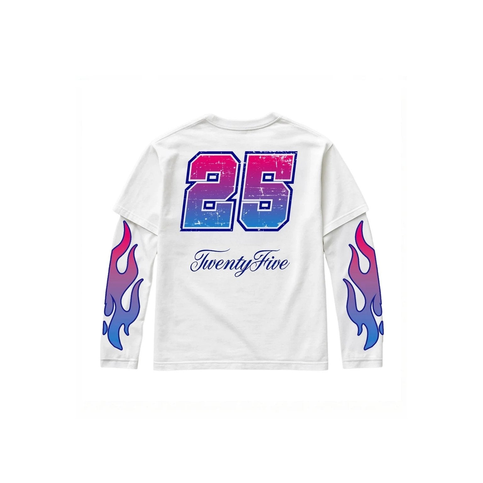 White long-sleeve t-shirt with a distressed blue and pink number 25 on the back, 'TwentyFive' script below, and matching flame graphics on both sleeves.