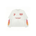 A white long-sleeve t-shirt with red graphic prints, including a stylized 'D' logo on the right chest, a double-headed eagle emblem on the left chest, the text 'EVERY DREAM BEGINS WITH A DREAMER' in the center, and flame graphics on both sleeves.
