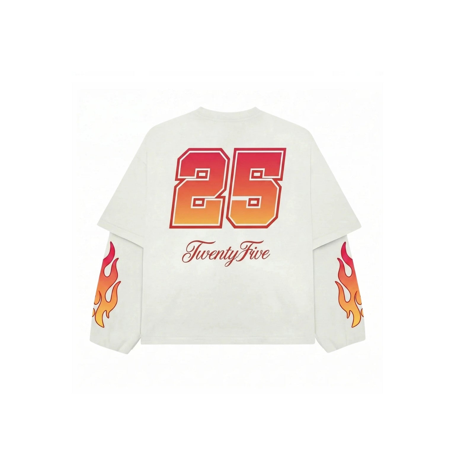 A white long-sleeve t-shirt with a large red and orange gradient number 25 on the back, the text 'TwentyFive' in cursive below it, and flame graphics on both sleeves.