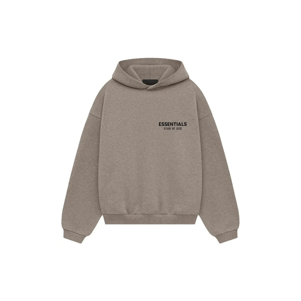 A taupe-brown heathered pullover hoodie with 'ESSENTIALS' and 'FEAR OF GOD' printed in black on the chest, displayed on a clean white background.