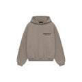 A taupe-brown heathered pullover hoodie with 'ESSENTIALS' and 'FEAR OF GOD' printed in black on the chest, displayed on a clean white background.