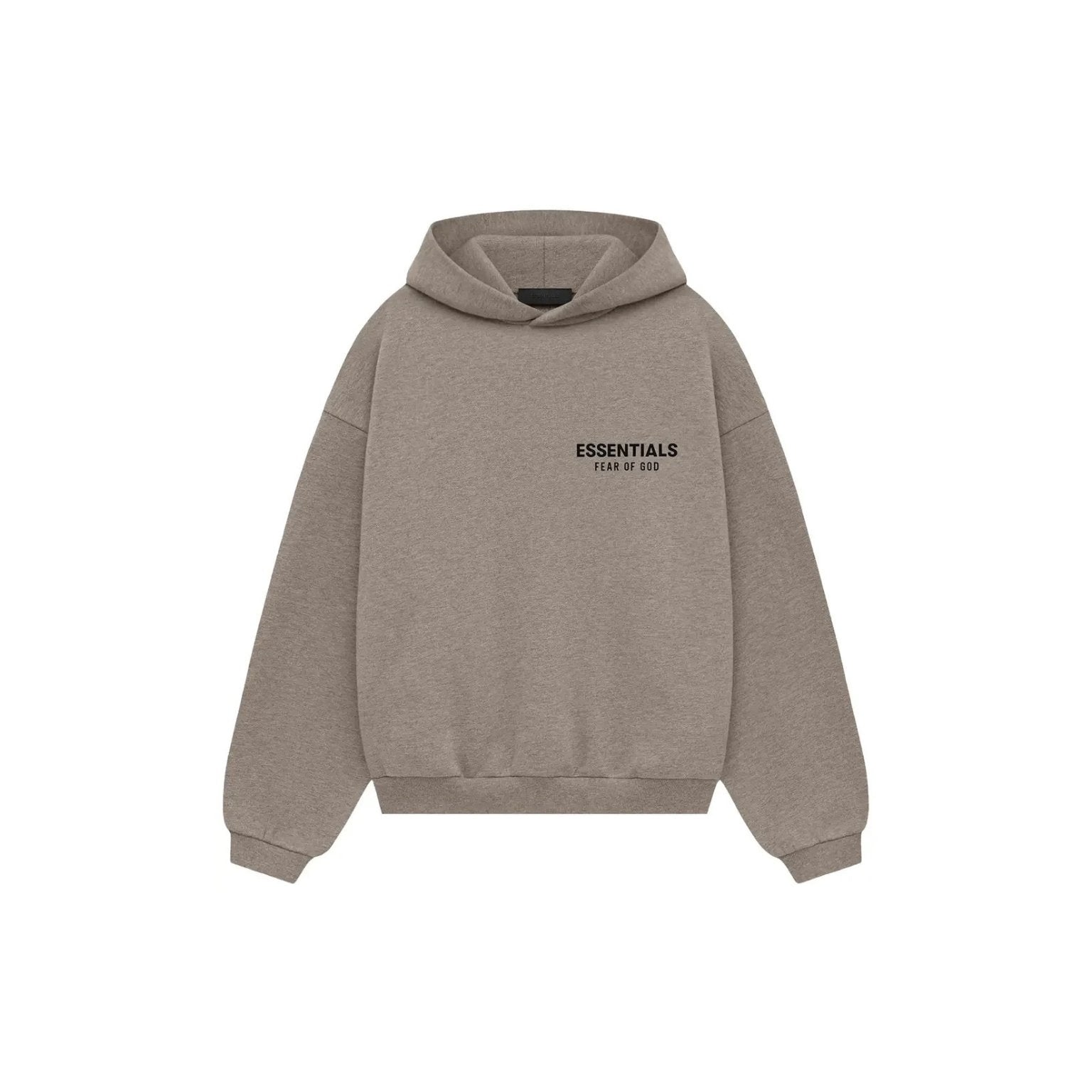 A taupe-brown heathered pullover hoodie with 'ESSENTIALS' and 'FEAR OF GOD' printed in black on the chest, displayed on a clean white background.