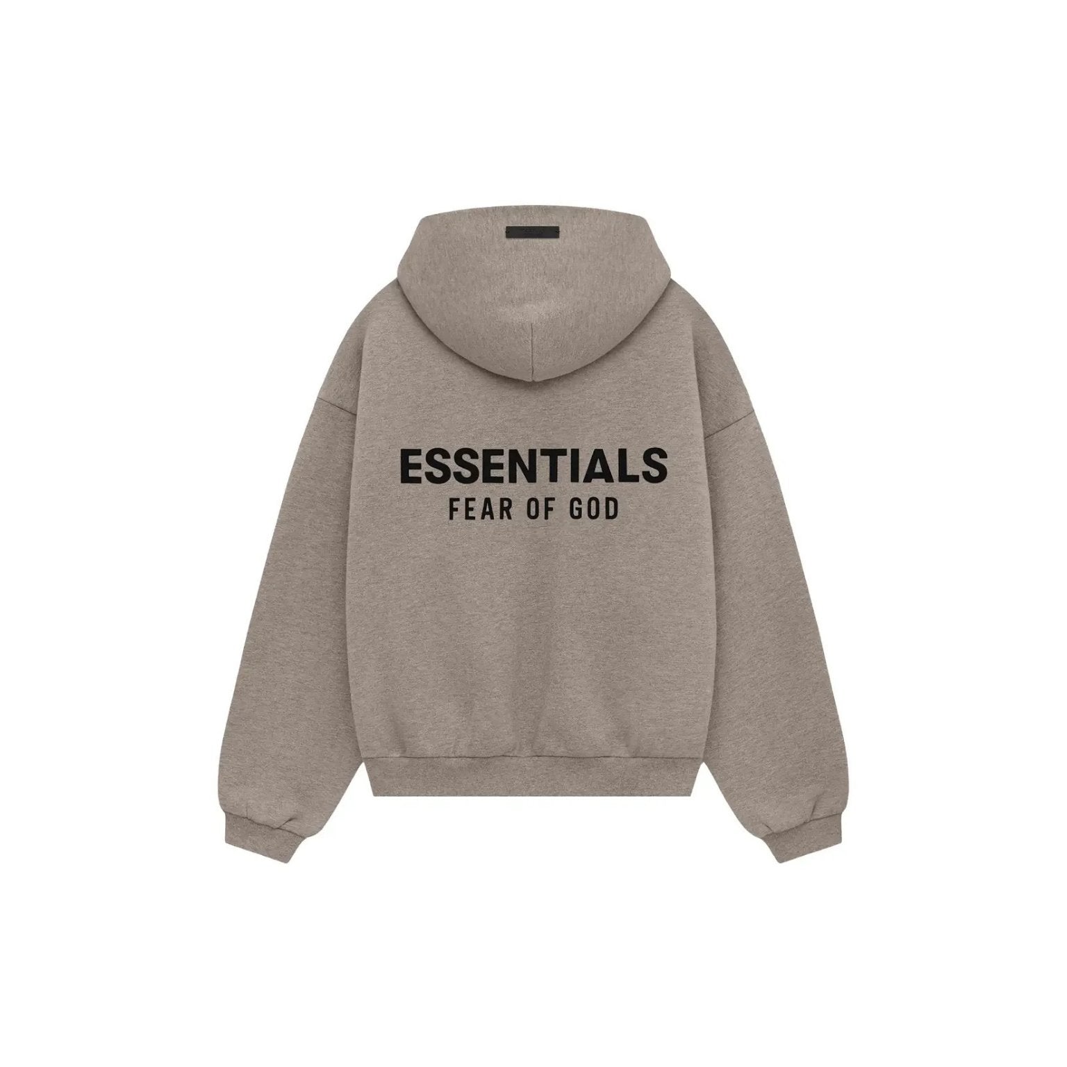 A light taupe heather gray hoodie shown from the back, featuring the text 'ESSENTIALS' and 'FEAR OF GOD' printed in black across the center.