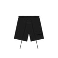 Black shorts with 'ESSENTIALS' branding on a white background