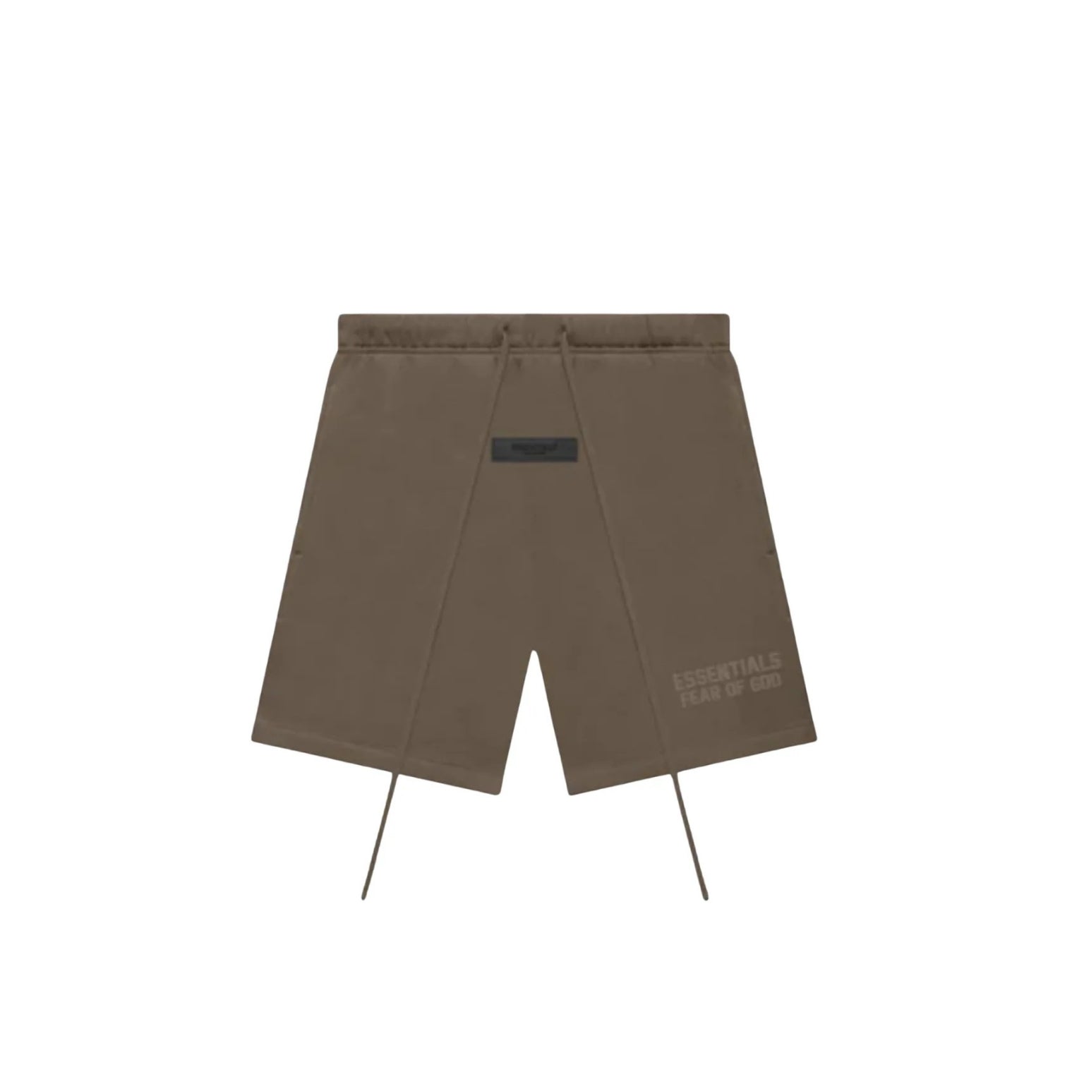 Brown shorts with a brand label on a white background