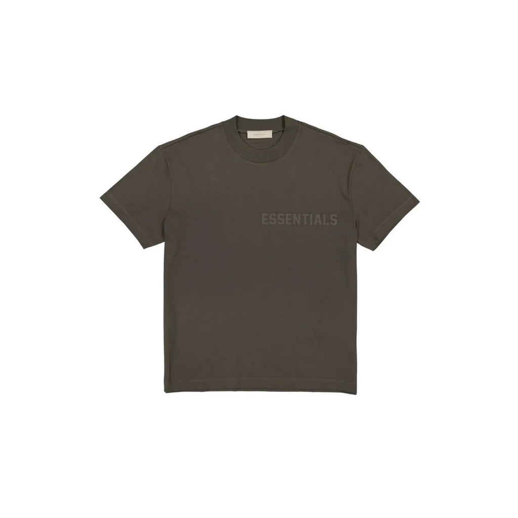 Dark green t-shirt with 'ESSENTIALS' text on a white background