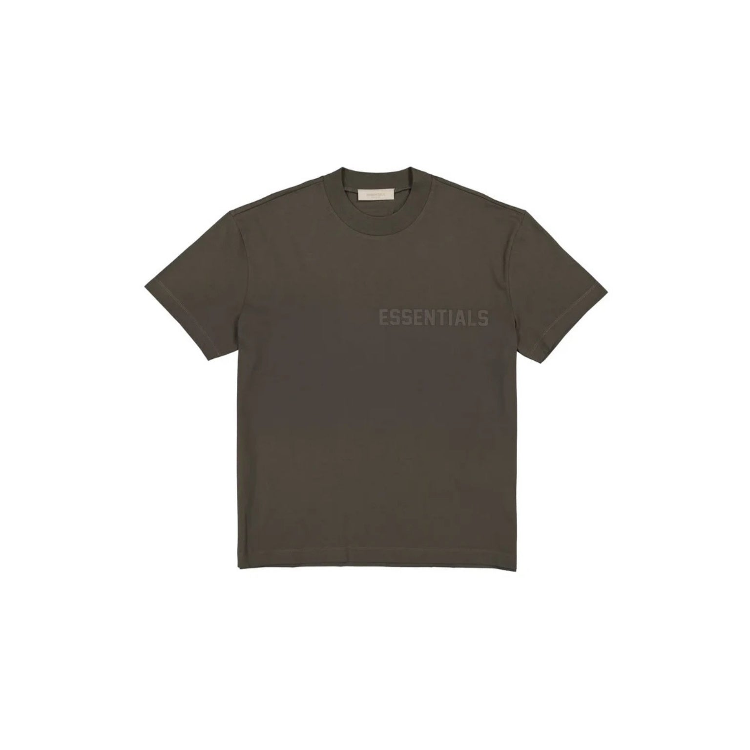 Dark green t-shirt with 'ESSENTIALS' text on a white background