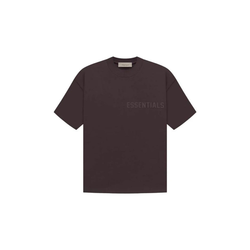 Dark brown t-shirt with 'ESSENTIALS' text on a white background