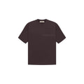 Dark brown t-shirt with 'ESSENTIALS' text on a white background