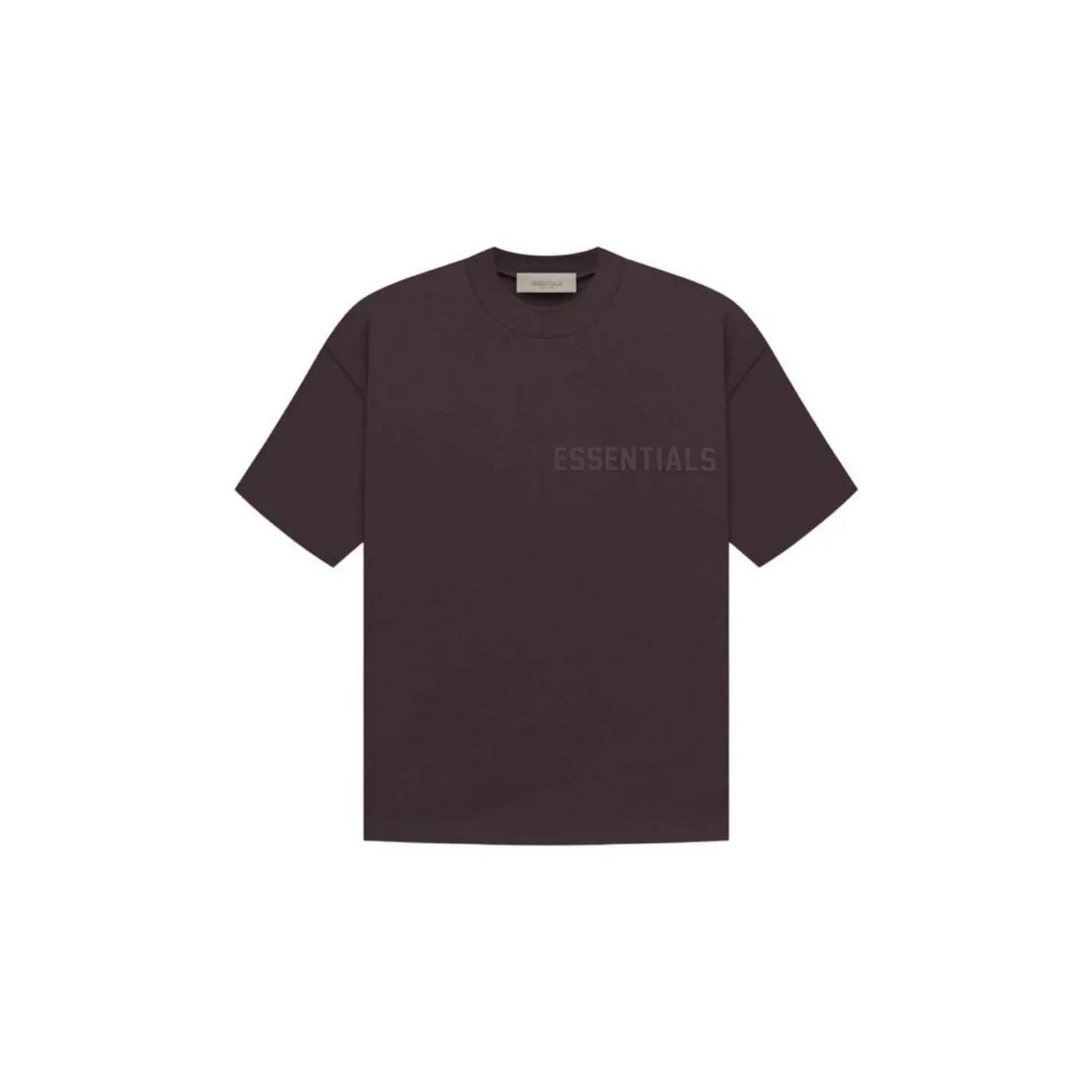 Dark brown t-shirt with 'ESSENTIALS' text on a white background