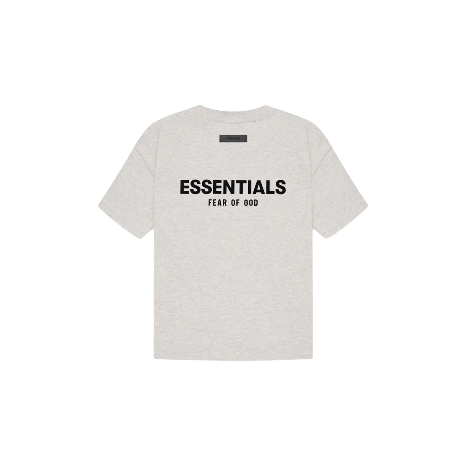 White t-shirt with 'ESSENTIALS FEAR OF GOD' text on a white background