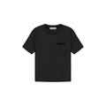 Black t-shirt with a small logo on a white background