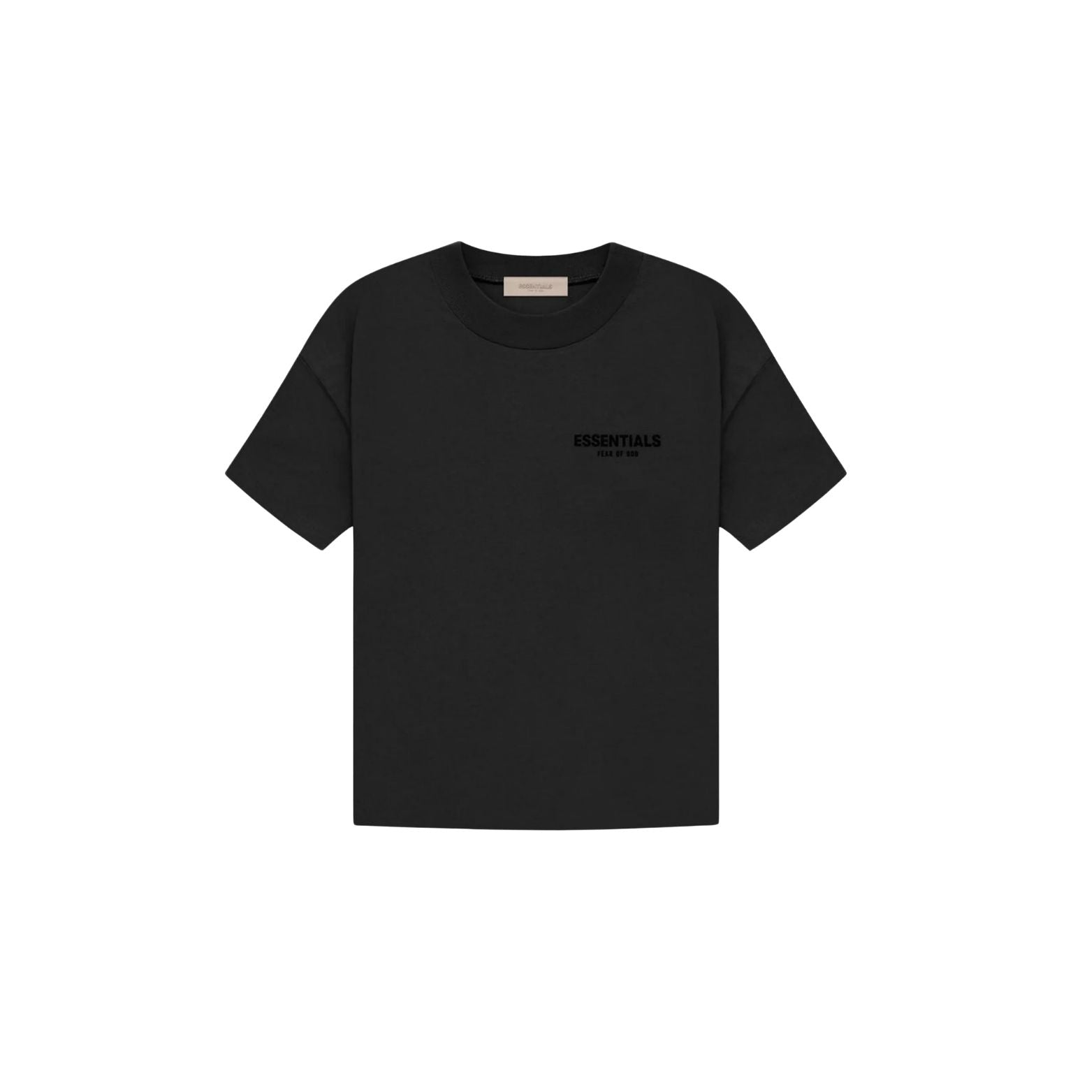 Black t-shirt with a small logo on a white background