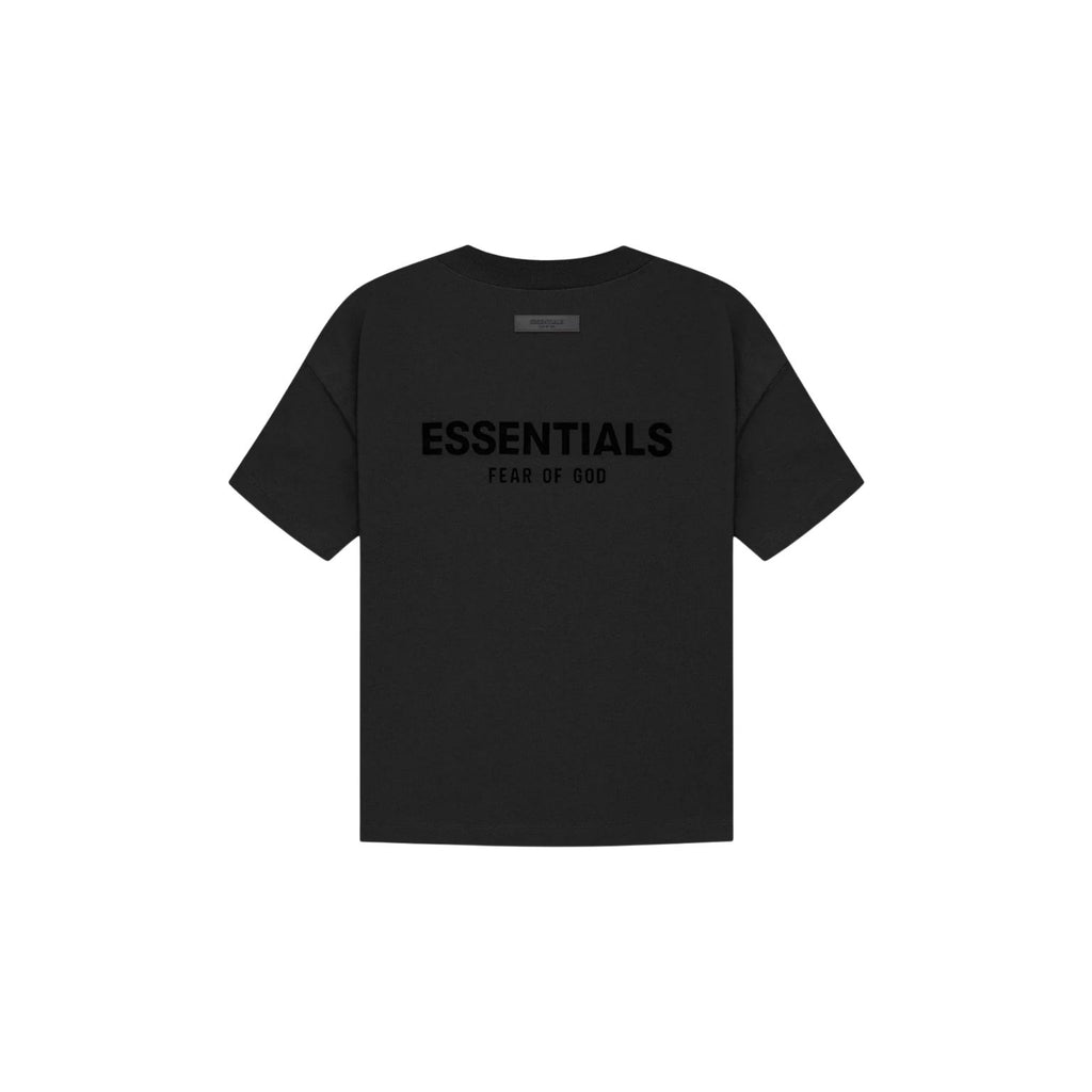 Black t-shirt with 'ESSENTIALS' text on the back against a white background