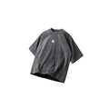 Gray t-shirt with a small logo on a white background