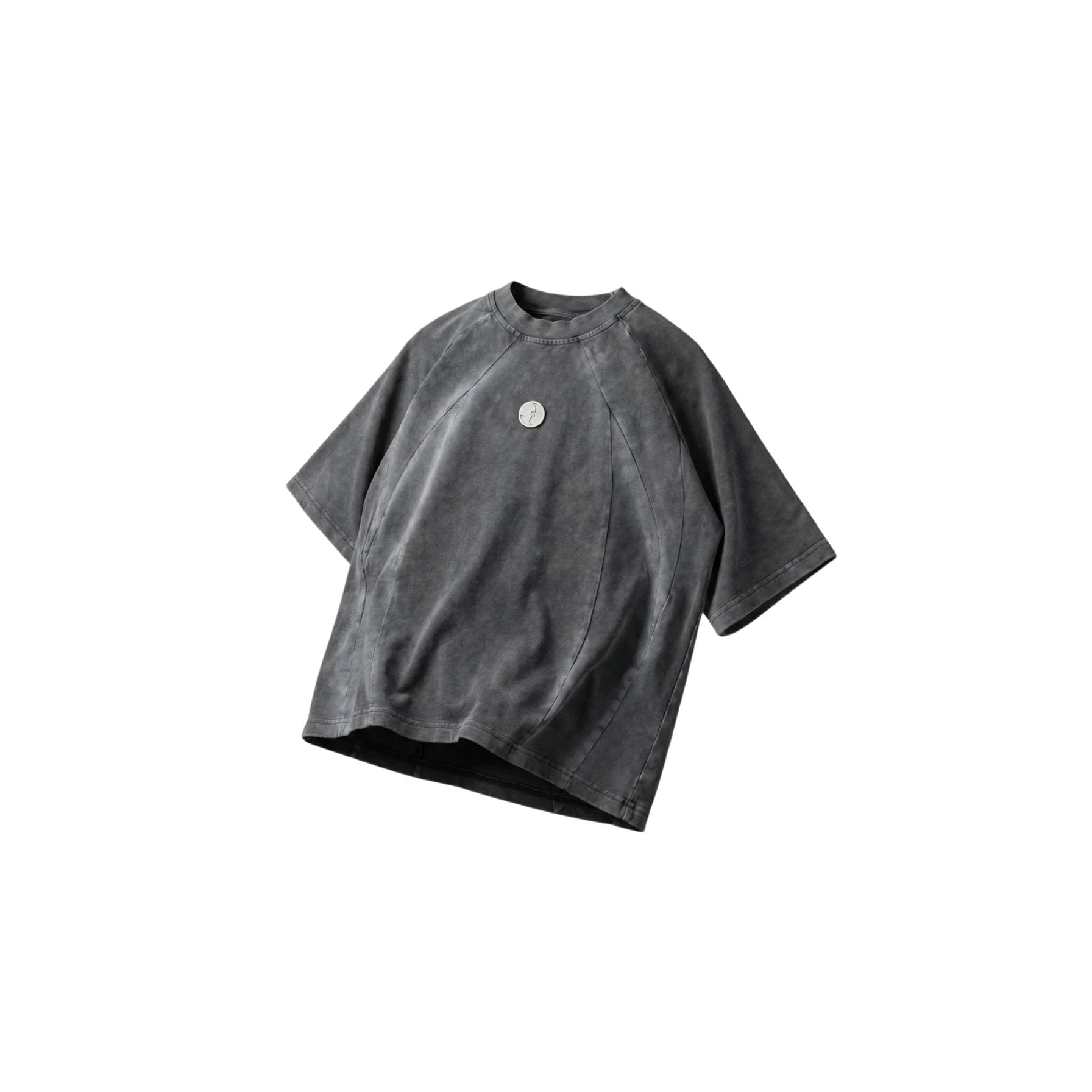 Gray t-shirt with a small logo on a white background