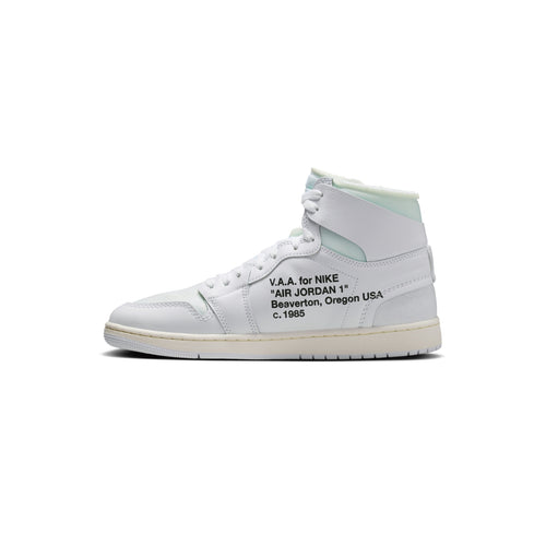 White high-top sneaker with text on a white background