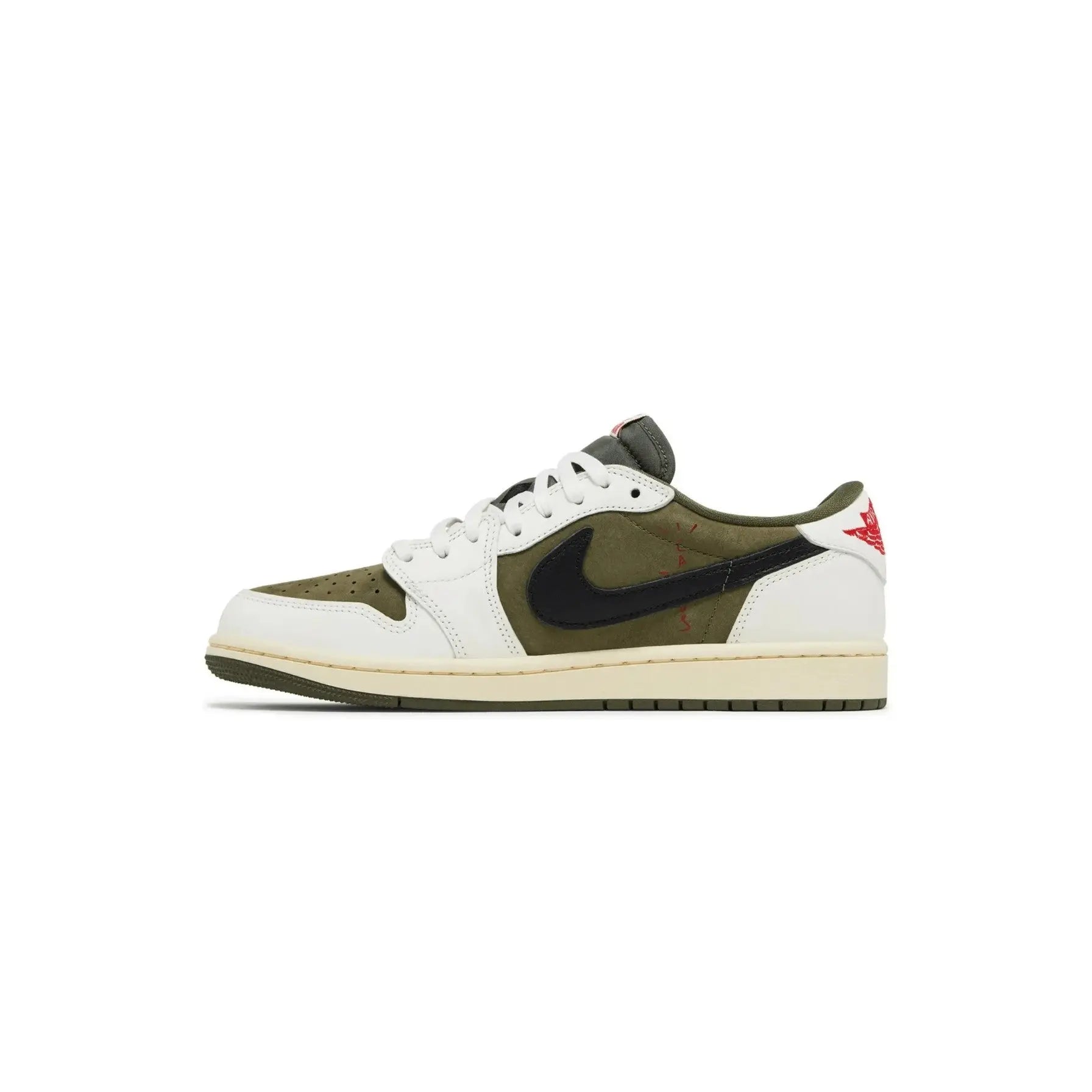 Sneaker with a white sole, green side, and black swoosh logo on a white background