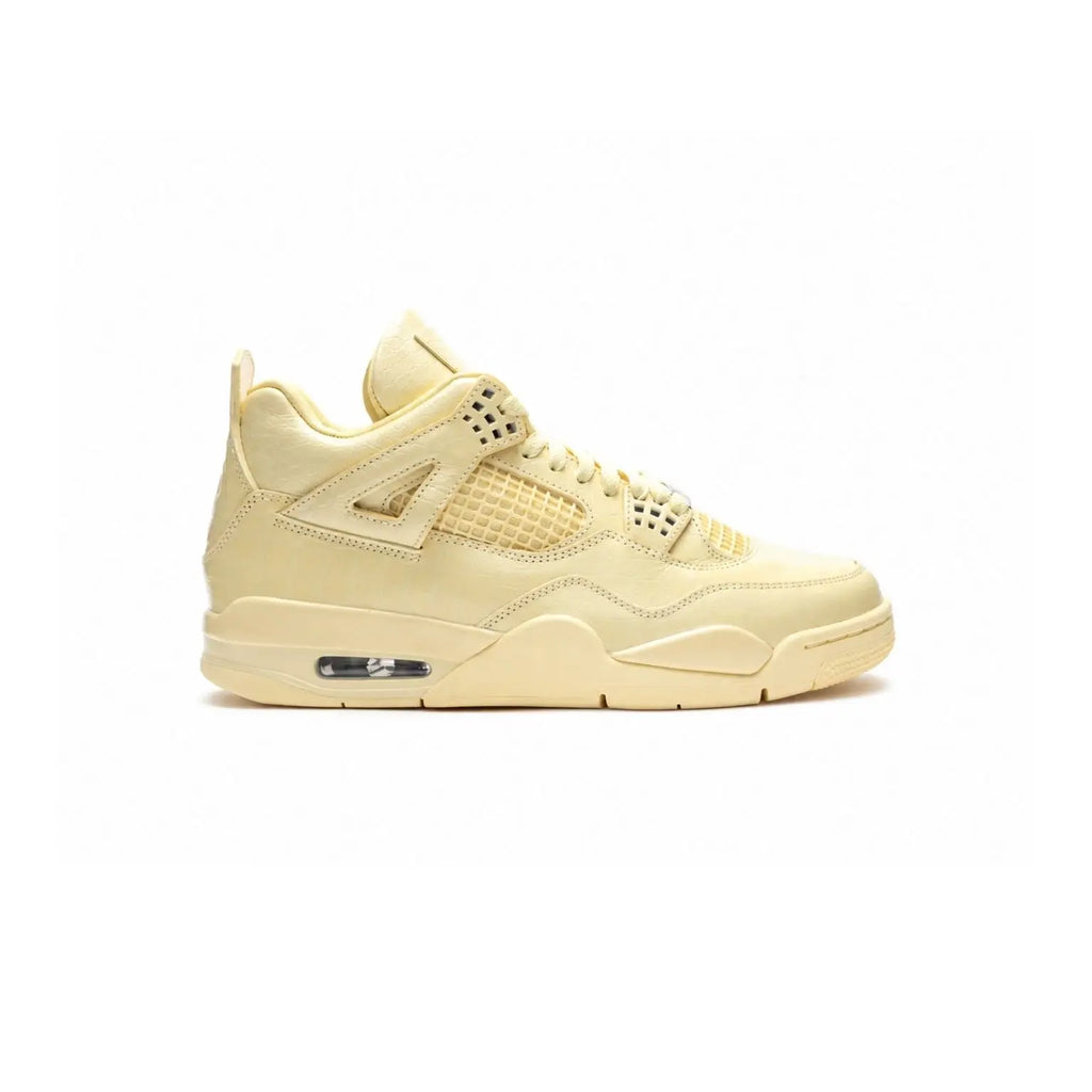 A single Air Jordan 4 sneaker in a pale cream or light beige colorway, shown in a side profile view against a plain white background.