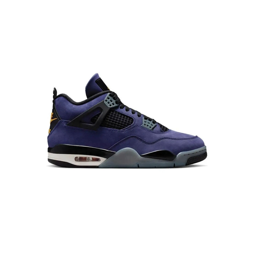 A single Air Jordan 4 sneaker in a purple and black colorway, shown from the side profile against a plain white background.
