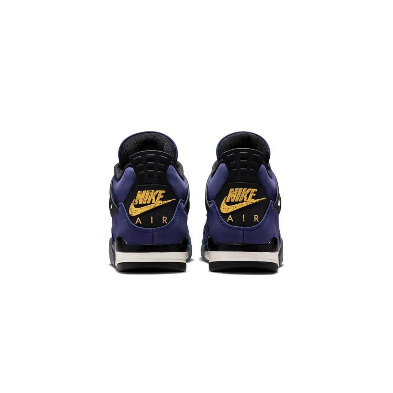 A pair of Nike Air sneakers shown from the back, featuring a deep purple and black upper with metallic gold Nike branding and swooshes, set against a plain white background.