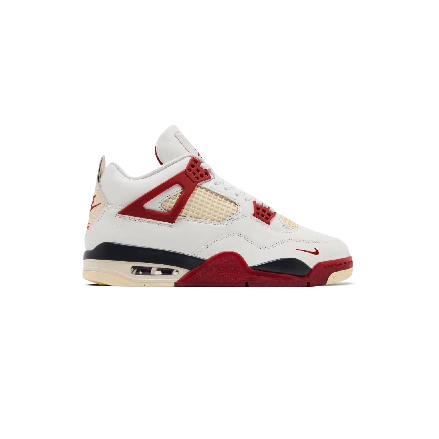 White and red sneaker with black accents on a white background