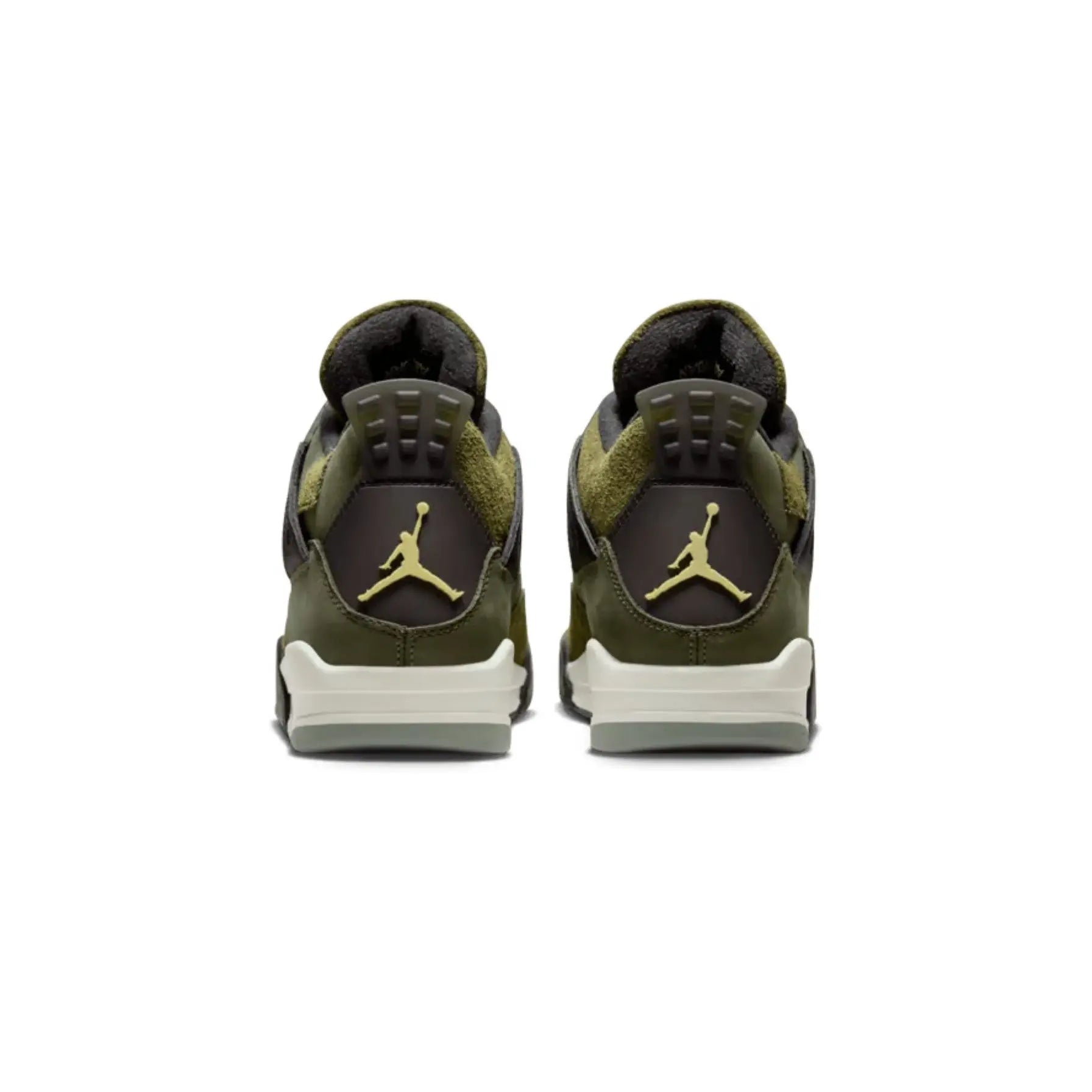 Pair of green sneakers with a logo on a white background