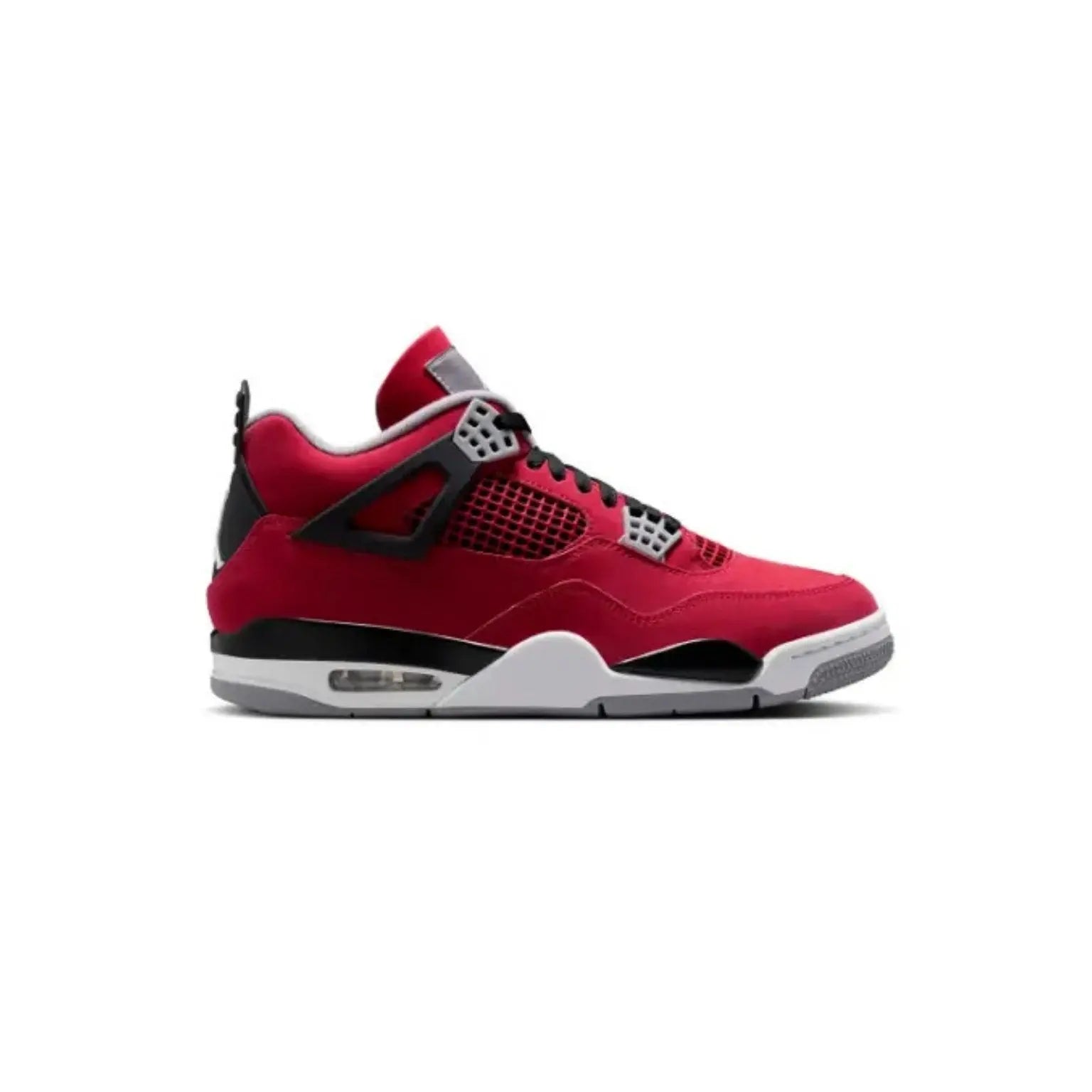 A red, black, and white Air Jordan 4 sneaker shown in a side profile view against a plain white background.