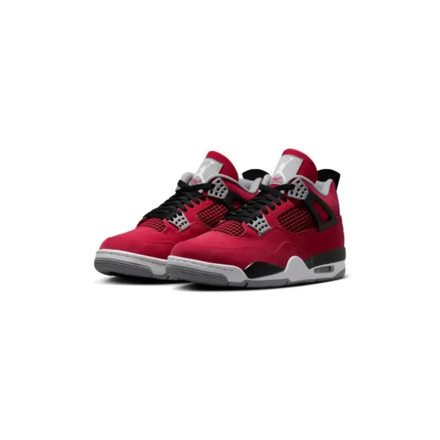 A pair of red and black Air Jordan 4 Retro sneakers with white accents, displayed against a solid white background.