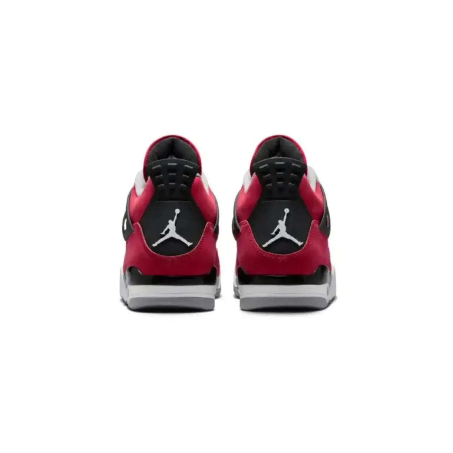 A pair of red and black Air Jordan 4 Retro Low sneakers shown from the back, featuring the iconic Jumpman logo on the heel, a red and black suede upper, and a white and gray midsole.