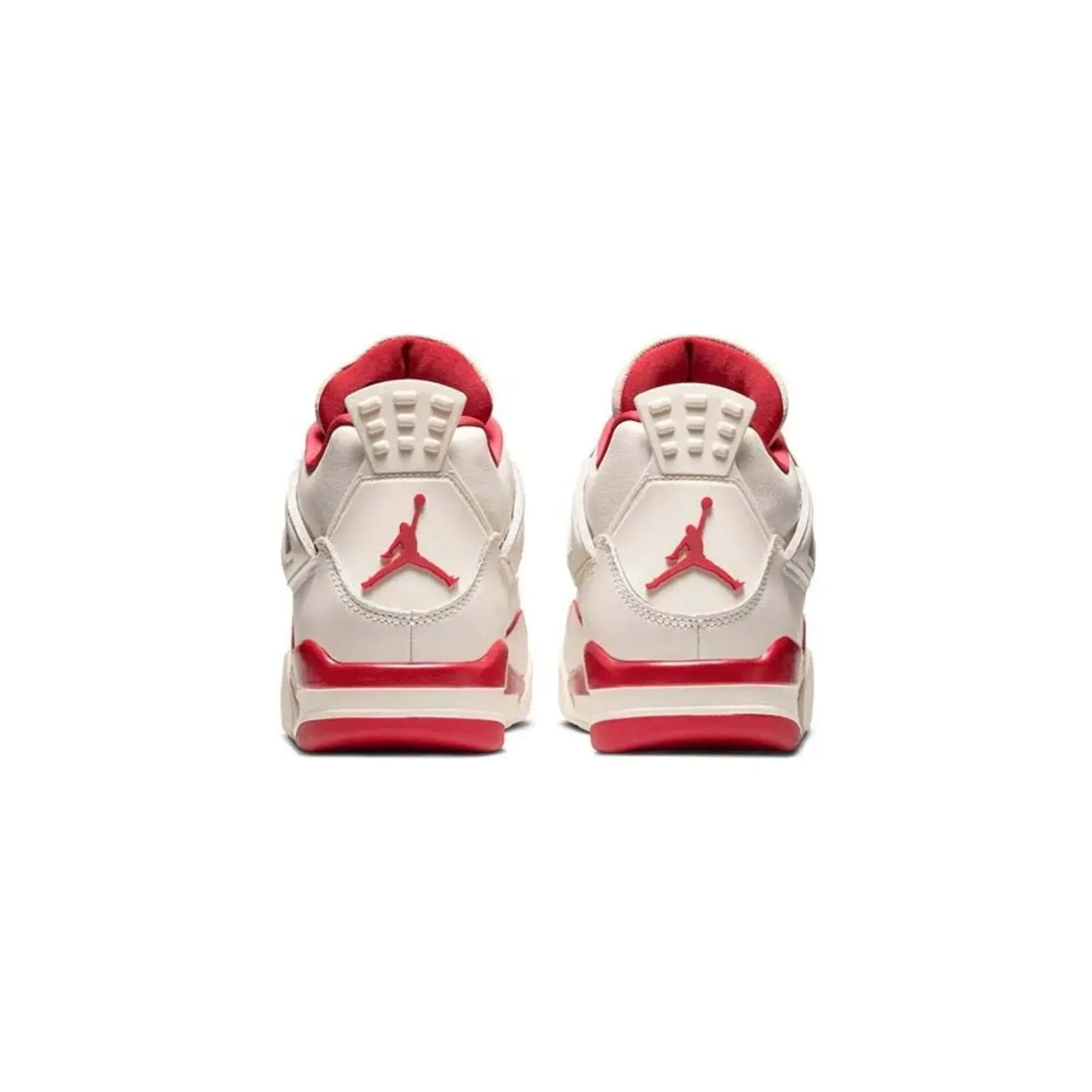 Pair of red and white sneakers with a prominent logo on a white background