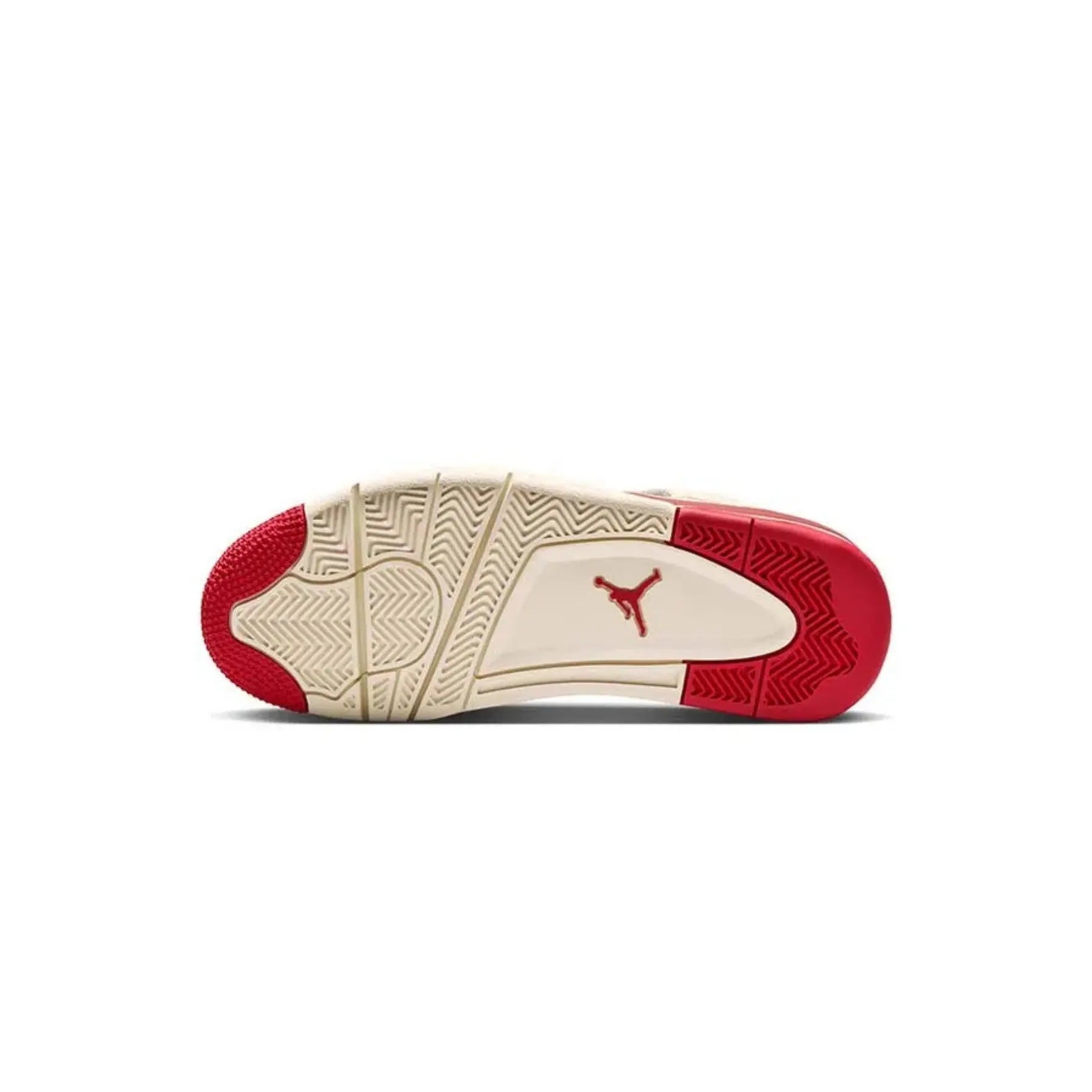 Sneaker with red and beige design on a white background