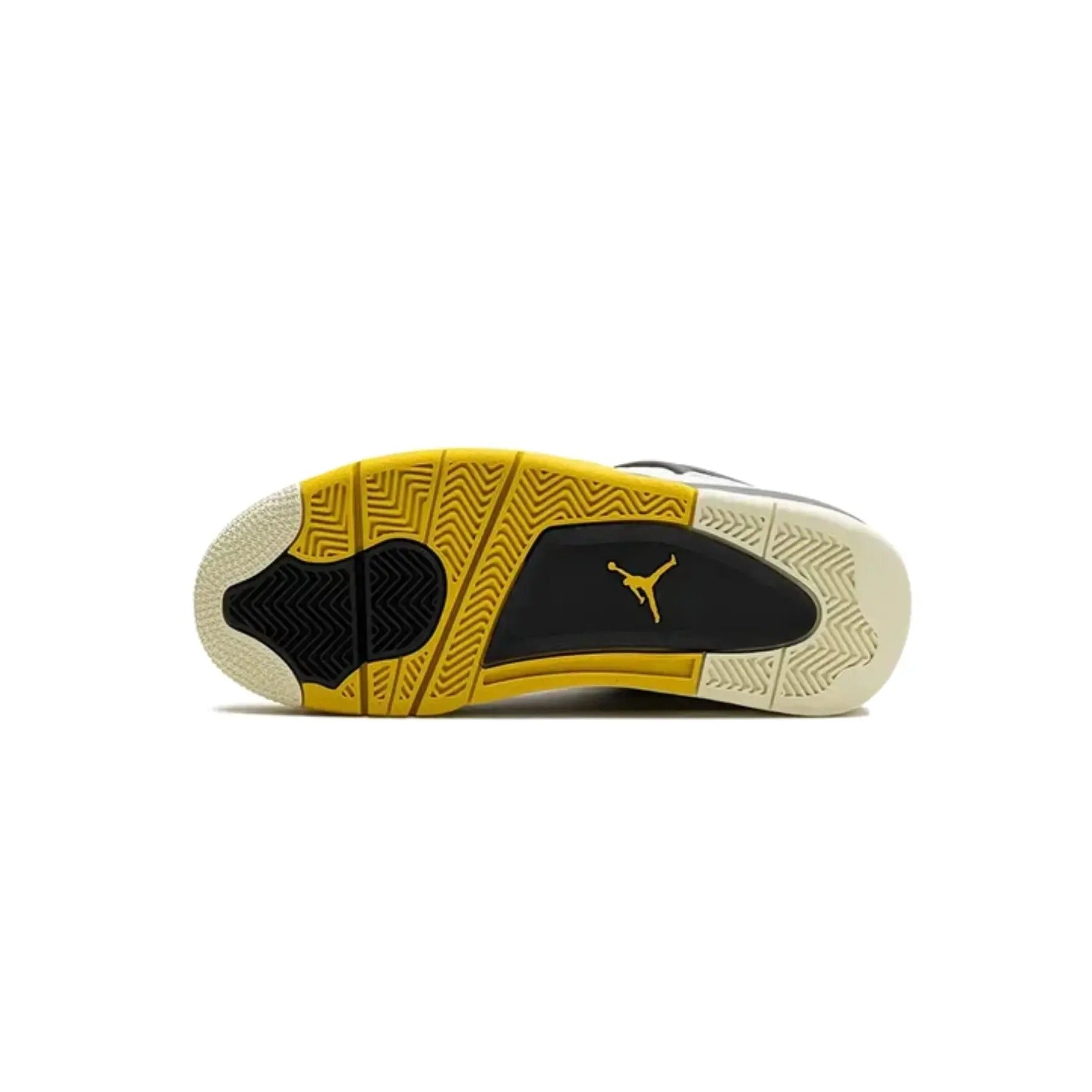 Sole of a sneaker with yellow and black design on a white background