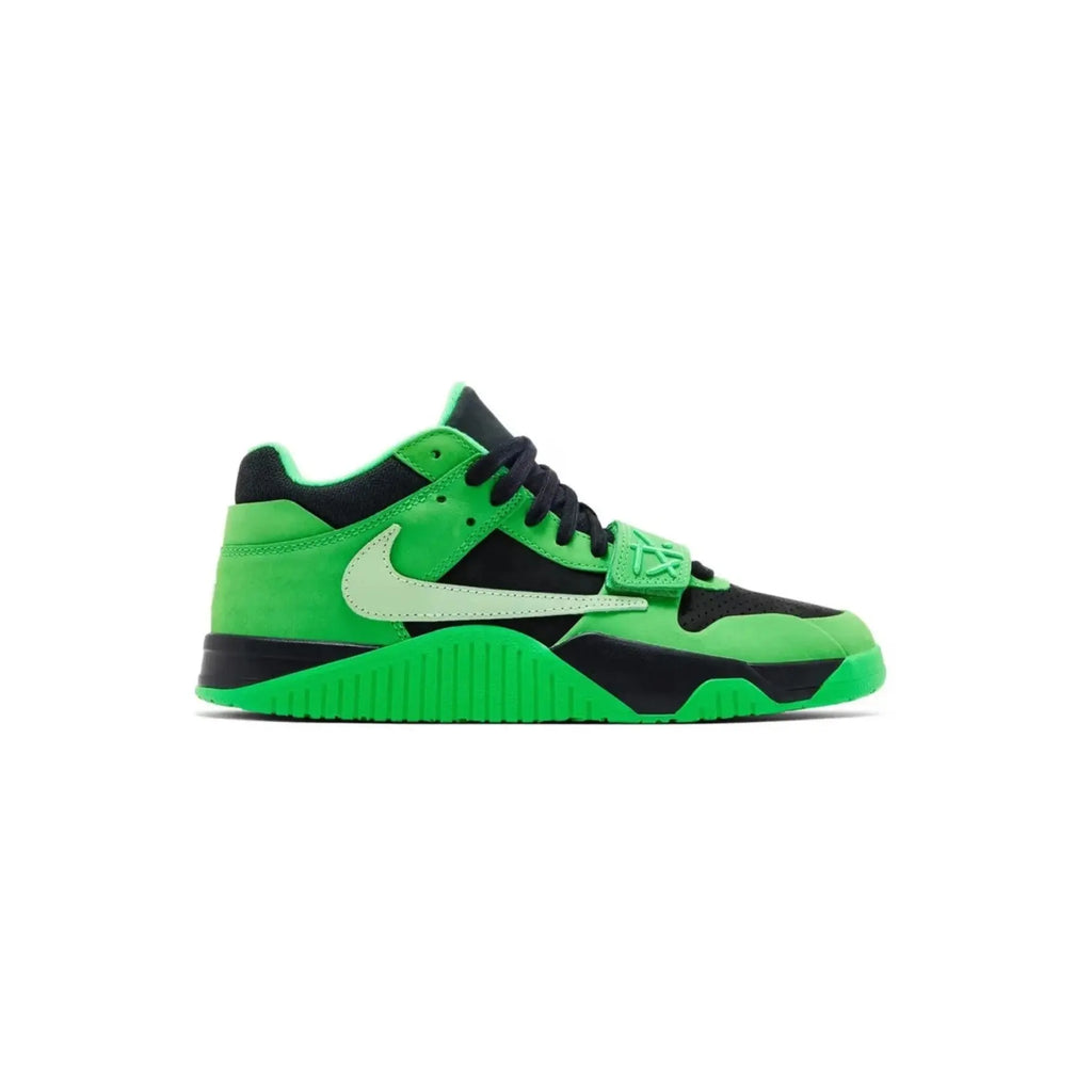 Green and black sneaker with a prominent Nike logo on a white background