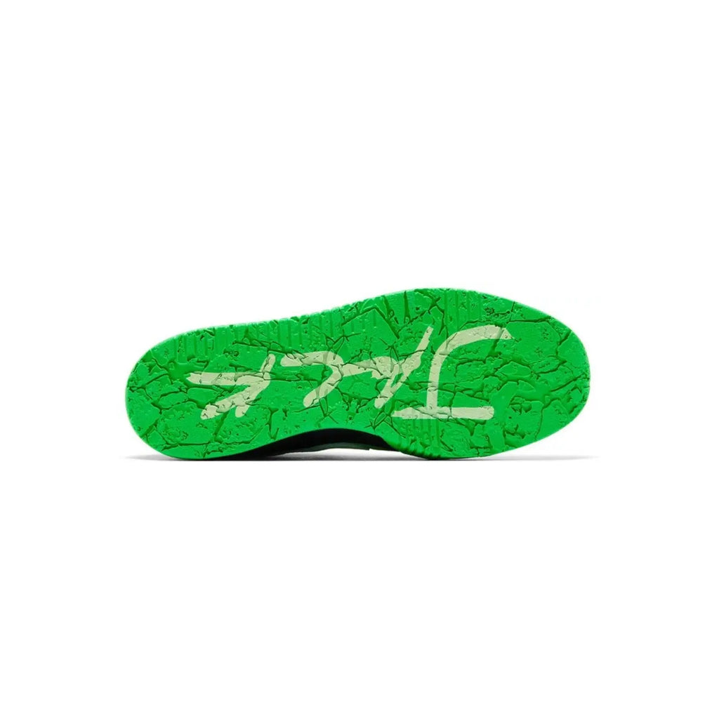 Green shoe sole with white text on a white background