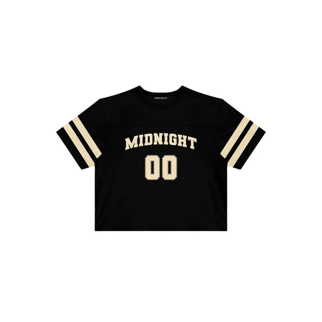 Black t-shirt with 'Midnight 00' text on a white background