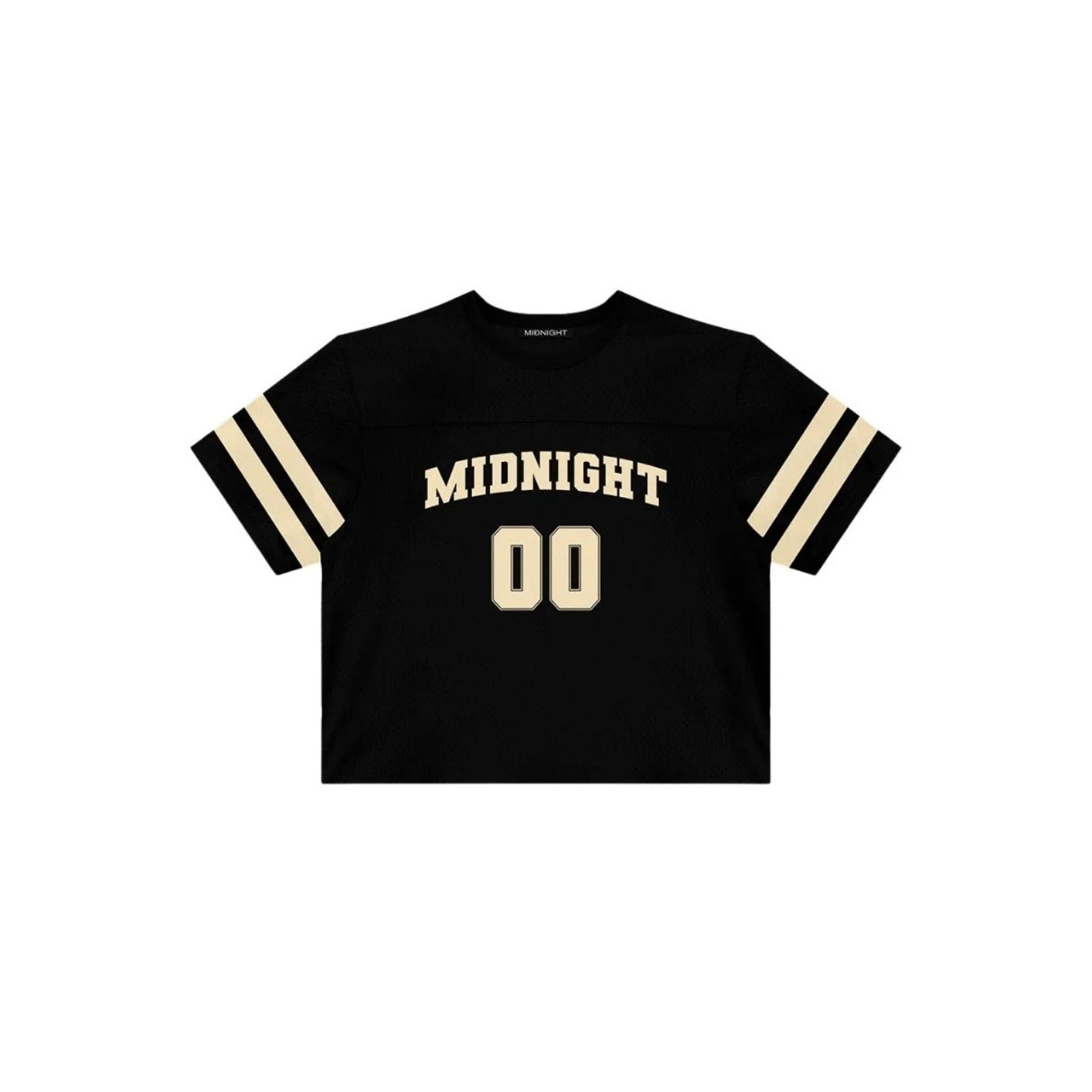 Black t-shirt with 'Midnight 00' text on a white background