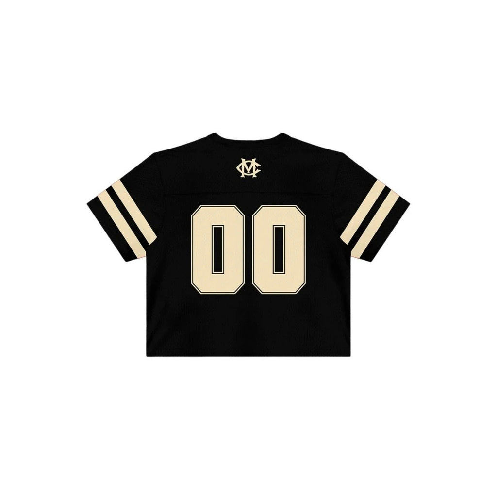 Black sports jersey with beige accents on a white background