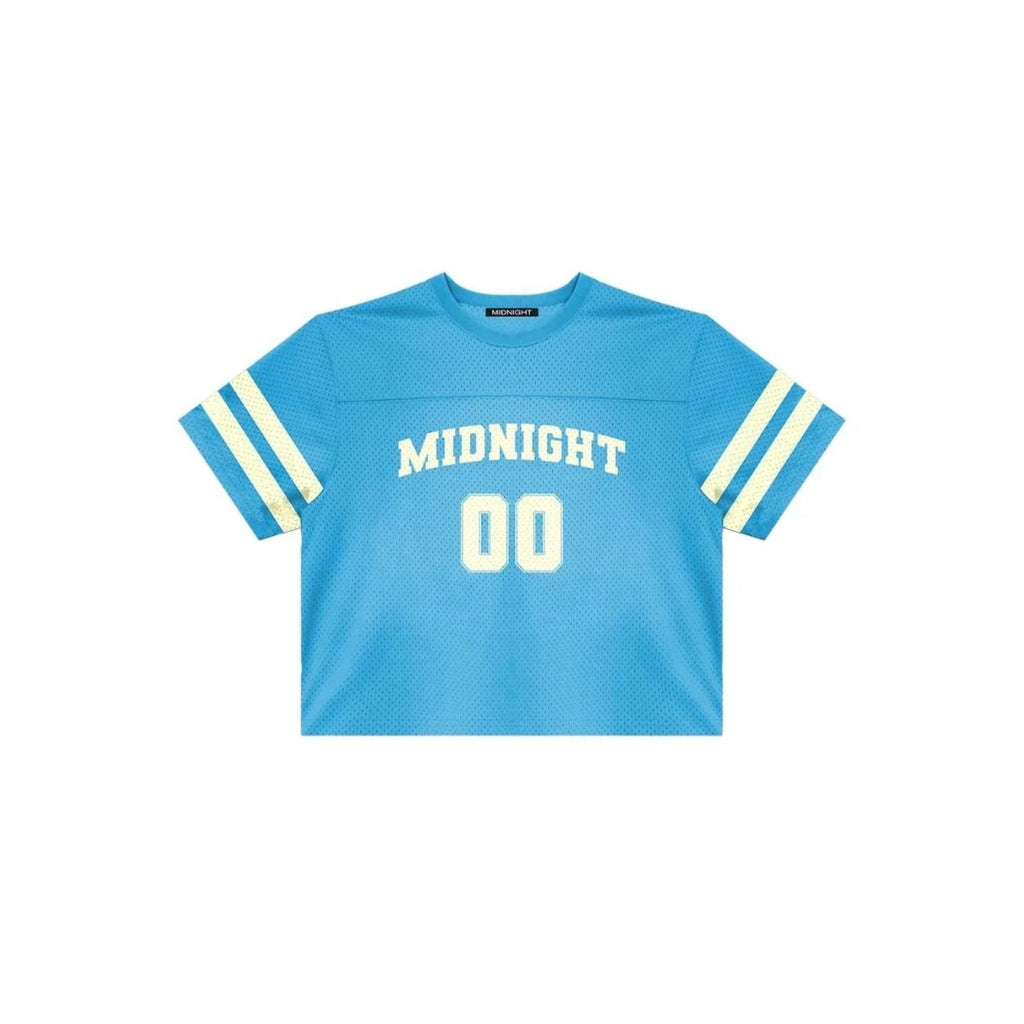 Blue sports jersey with 'MIDNIGHT 00' text on a white background