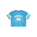 Blue sports jersey with 'MIDNIGHT 00' text on a white background