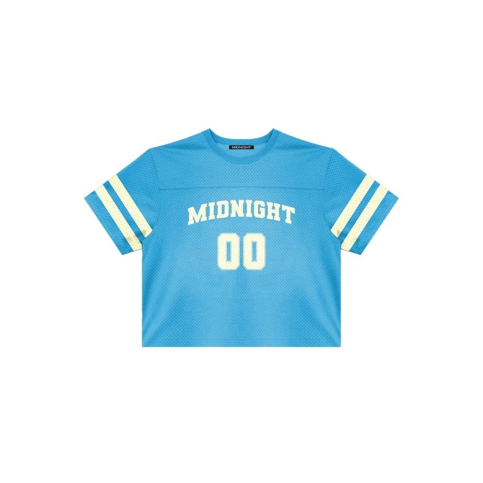 Blue sports jersey with 'MIDNIGHT 00' text on a white background