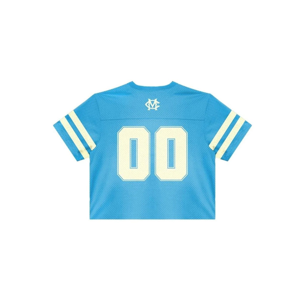 Blue sports jersey with white numbers on a white background