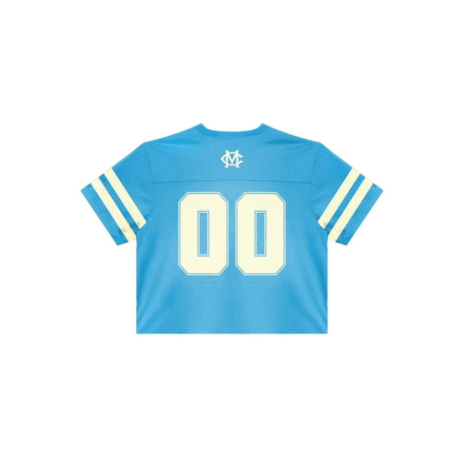 Blue sports jersey with white numbers on a white background