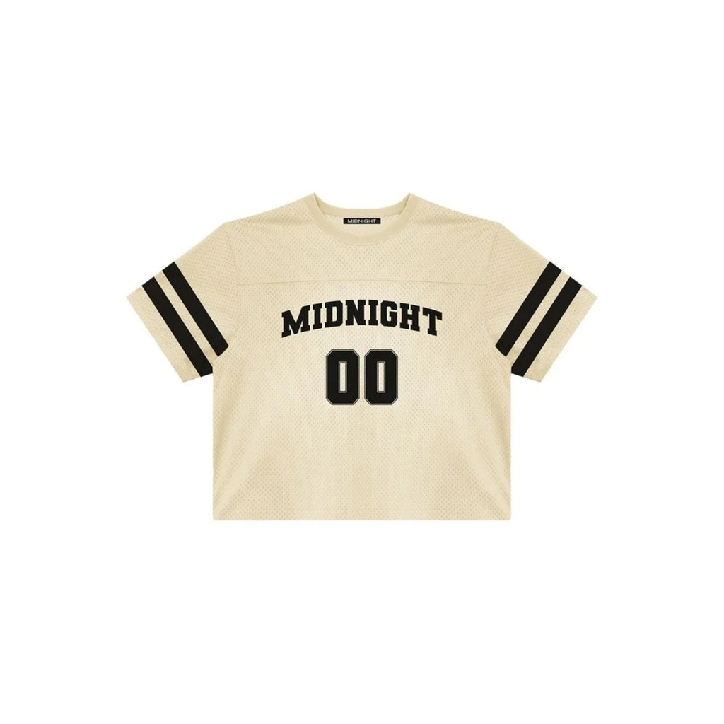Beige t-shirt with 'MIDNIGHT 00' text on a white background