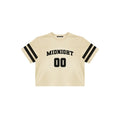 Beige t-shirt with 'MIDNIGHT 00' text on a white background
