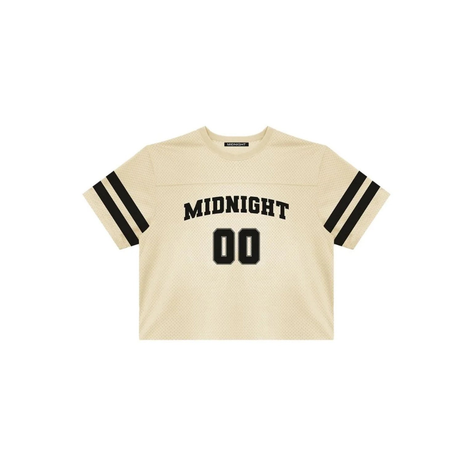 Beige t-shirt with 'MIDNIGHT 00' text on a white background
