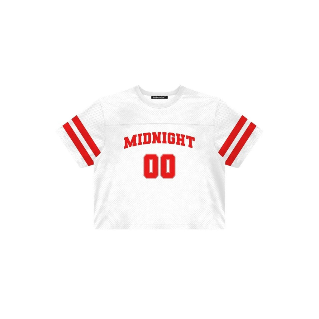 White t-shirt with red lettering and stripes on a white background